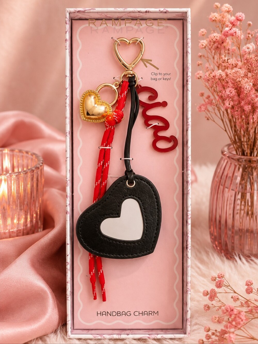 Rampage Black Heart Mirror Handbag Charm with Red Tassel & Gold Accent! NEW!